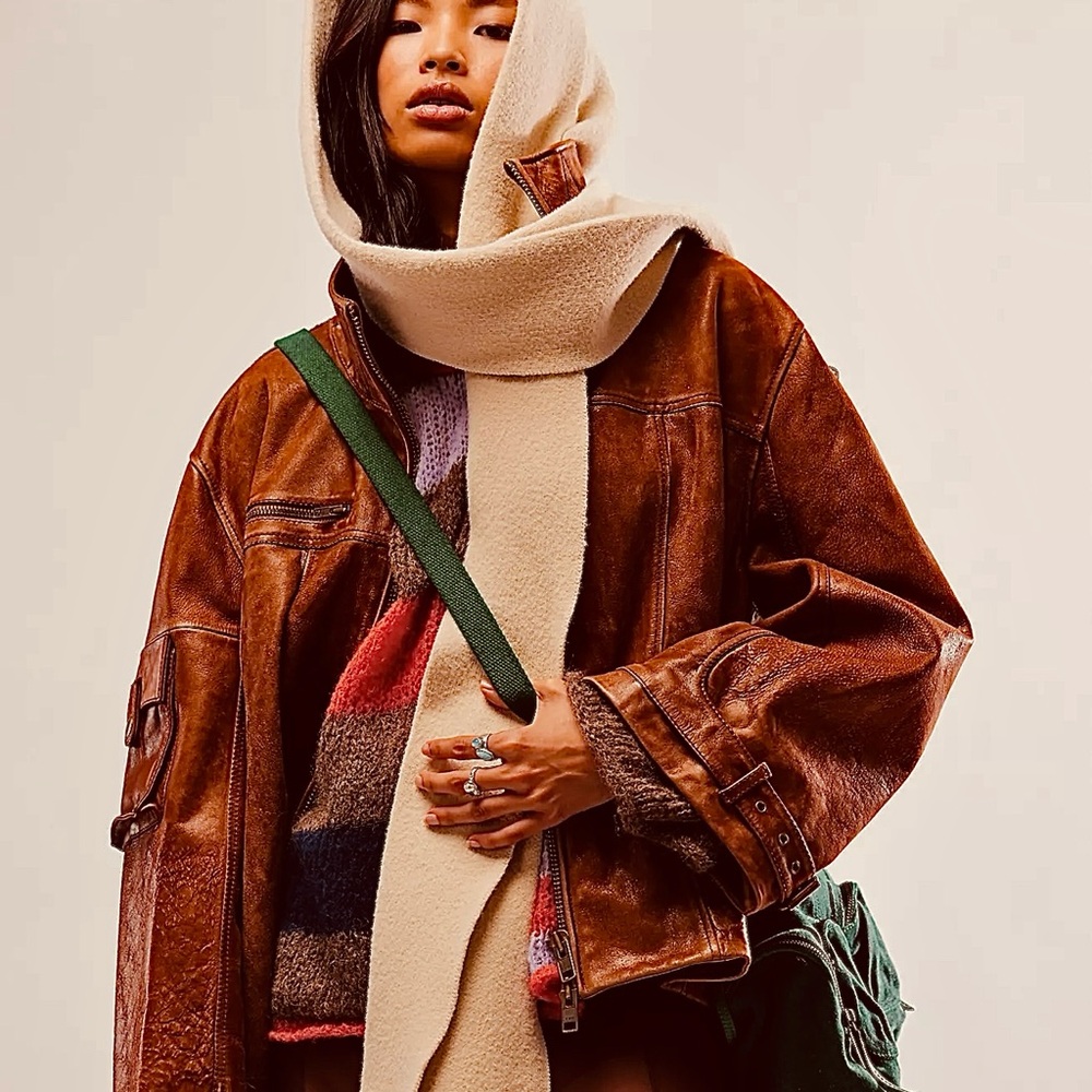 NWT FREE PEOPLE All For You Hooded Scarf In tan/beige/mushroom•extra long &wide - Picture 13 of 16